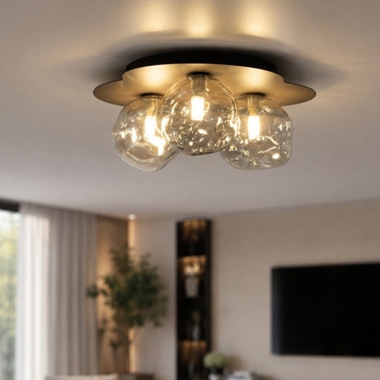 Plafoniera design moderna con 3 sfere in vetro cognac plasmato 